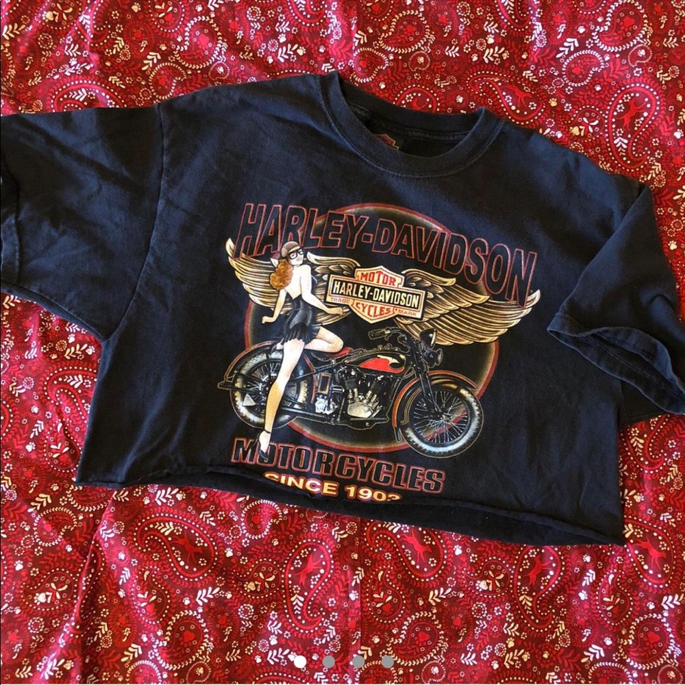 large cropped Harley Davidson t-shirt with a motorcycle babe on the front😍